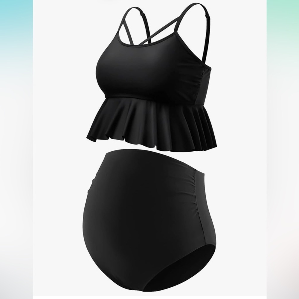 GINKANA Maternity Black Ruffle Peplum Bikini Set Medium High Waist Two piece